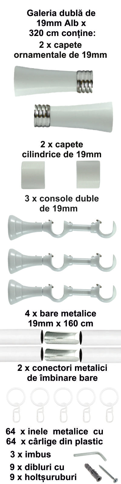 Galerie Metalică Ahile, dublă, clasică, cu inele, 19mm, Alb