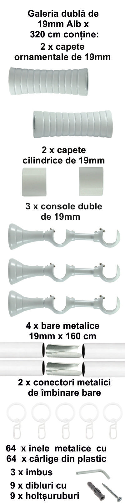 Galerie Metalică Febris, dublă, clasică, cu inele, 19mm, Alb