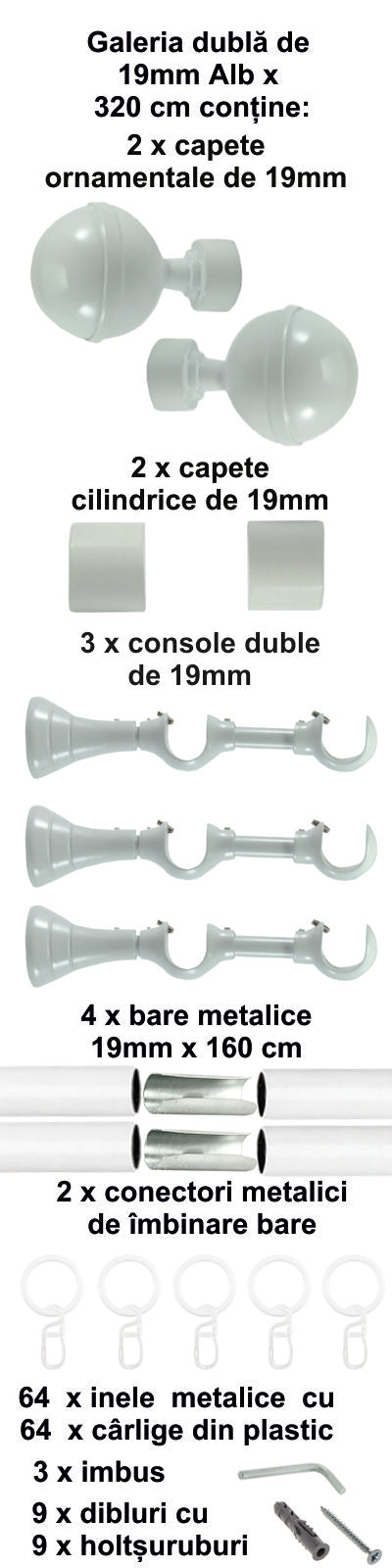 Galerie Metalică Kalisto, dublă, clasică, cu inele, 19mm, Alb