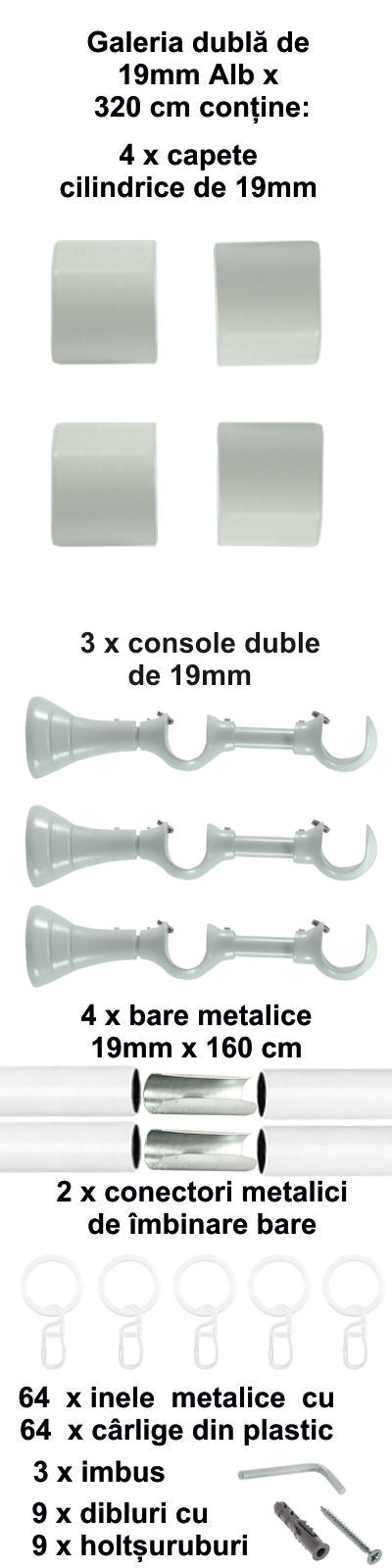Galerie Metalică Luna, dublă, clasică, cu inele, 19mm, Alb