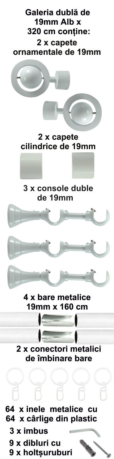 Galerie Metalică Seti, dublă, clasică, cu inele, 19mm, Alb
