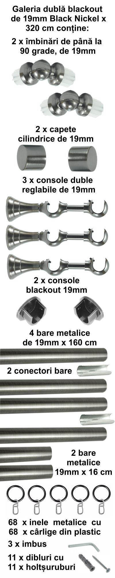 Galerie Metalică Blackout, dublă, clasică, cu inele, 19mm, Black Nickel
