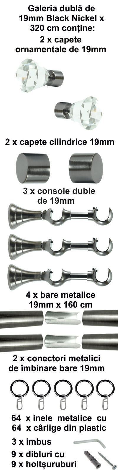 Galerie Metalică Cristal, dublă, clasică, cu inele, 19mm, Black Nickel