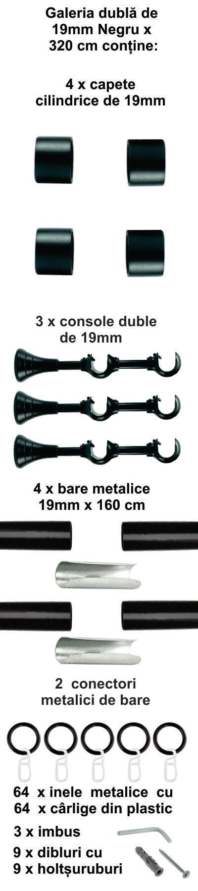 Galerie Metalică Luna, dublă, clasică, cu inele, 19mm, Negru