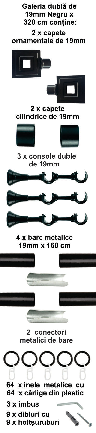 Galerie Metalică Square, dublă, clasică, cu inele, 19mm, Negru