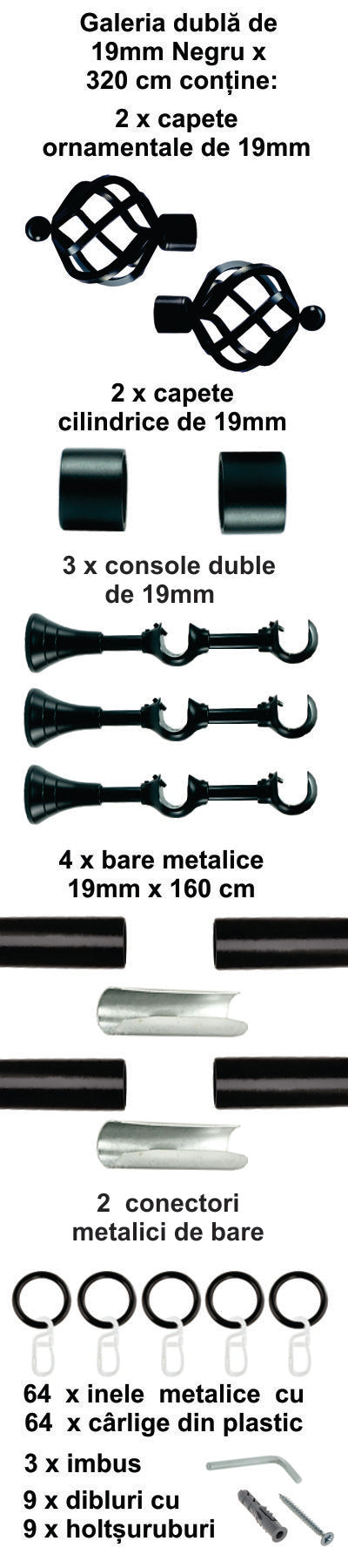 Galerie Metalică Torso, dublă, clasică, cu inele, 19mm, Negru