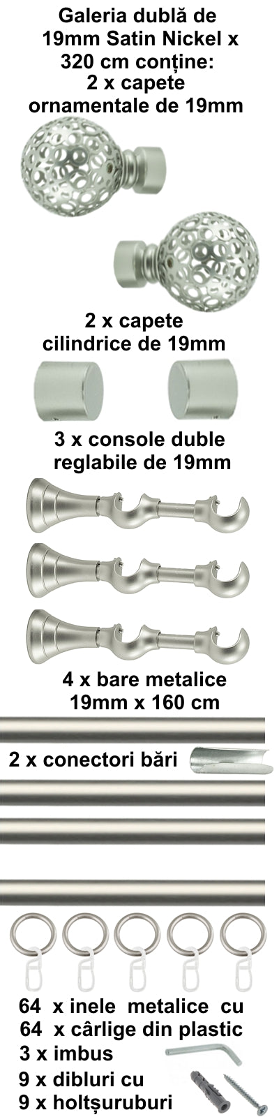 Galerie Metalică Sun, dublă, clasică, cu inele, 19mm, satin nichel (argintiu mat)