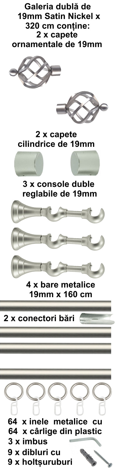 Galerie Metalică Torso, dublă, clasică, cu inele, 19mm, satin nichel (argintiu mat)