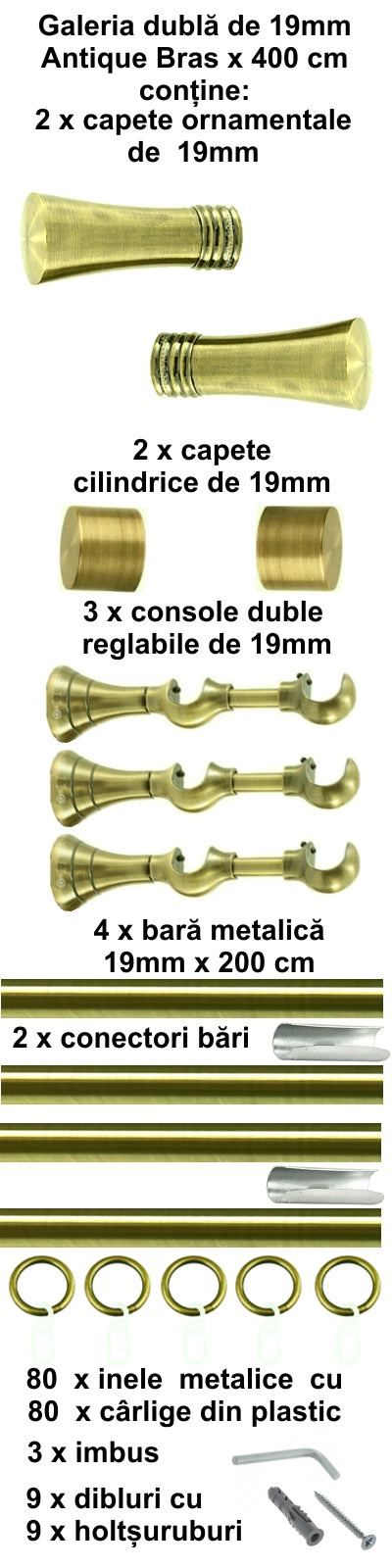 Galerie Metalică Ahile, dublă, clasică, cu inele, 19mm, antique brass (auriu antic)