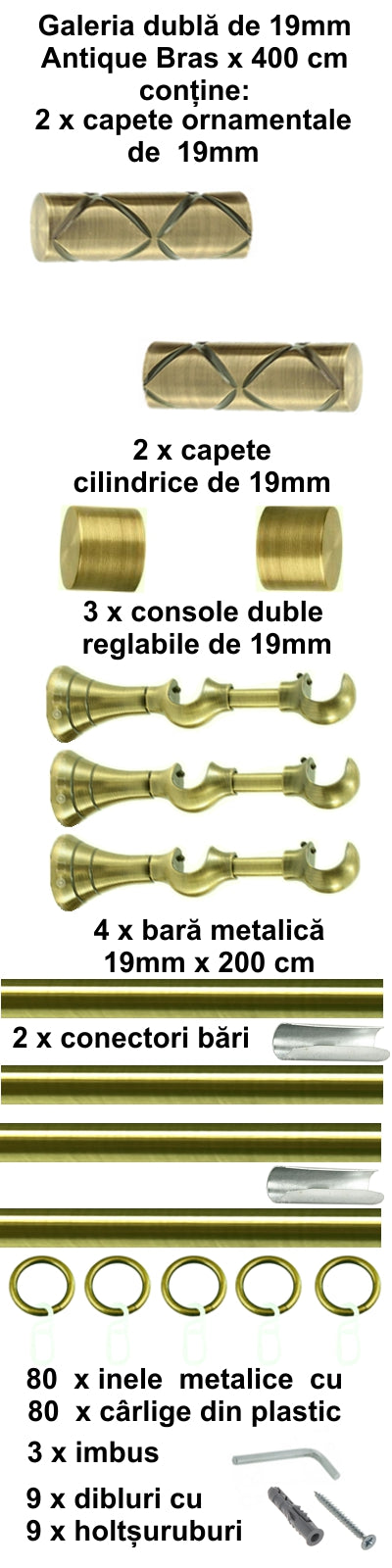 Galerie Metalică Ciel, dublă, clasică, cu inele, 19mm, antique brass (auriu antic)