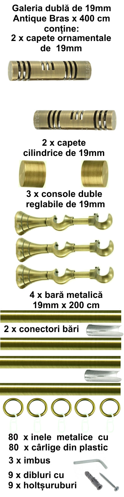 Galerie Metalică Elis, dublă, clasică, cu inele, 19mm, antique brass (auriu antic)