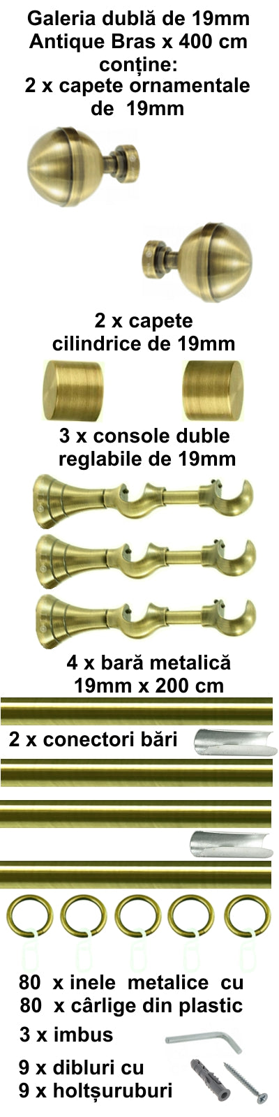 Galerie Metalică Kalisto, dublă, clasică, cu inele, 19mm, antique brass (auriu antic)