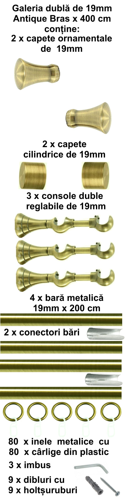 Galerie Metalică Monaco, dublă, clasică, cu inele, 19mm, antique brass (auriu antic)