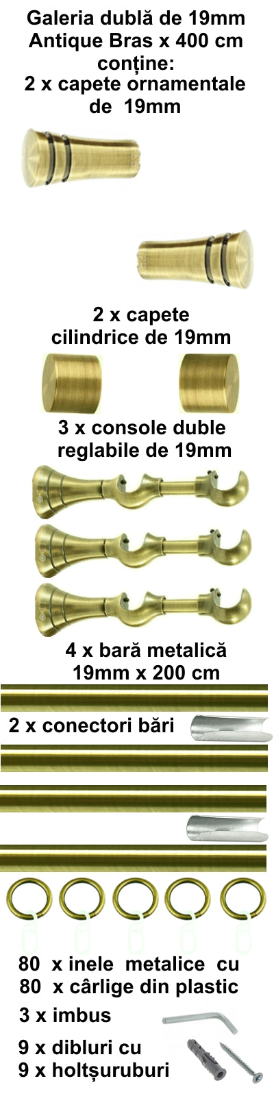 Galerie Metalică Paola, dublă, clasică, cu inele, 19mm, antique brass (auriu antic)