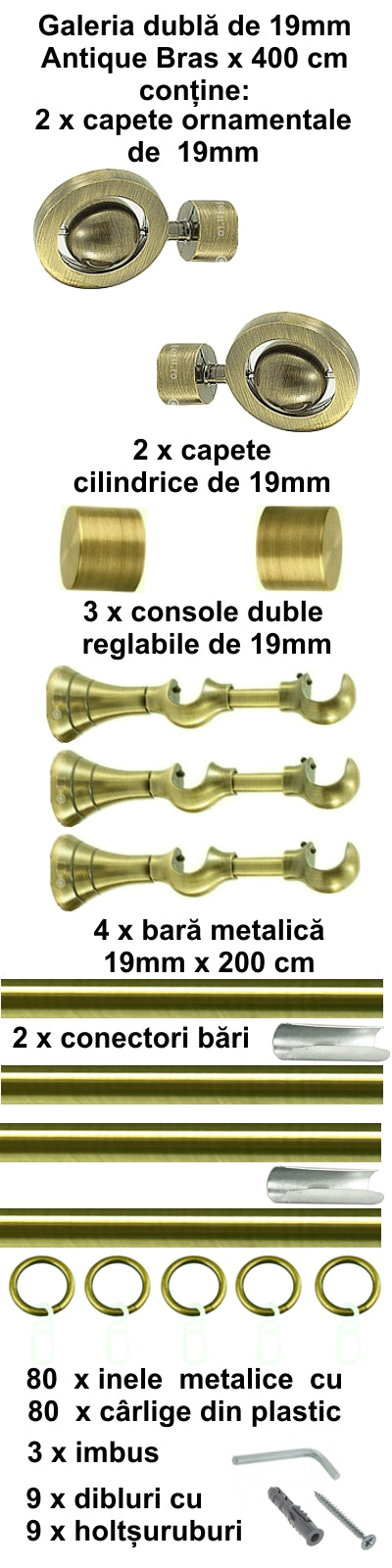 Galerie Metalică Seti, dublă, clasică, cu inele, 19mm, antique brass (auriu antic)