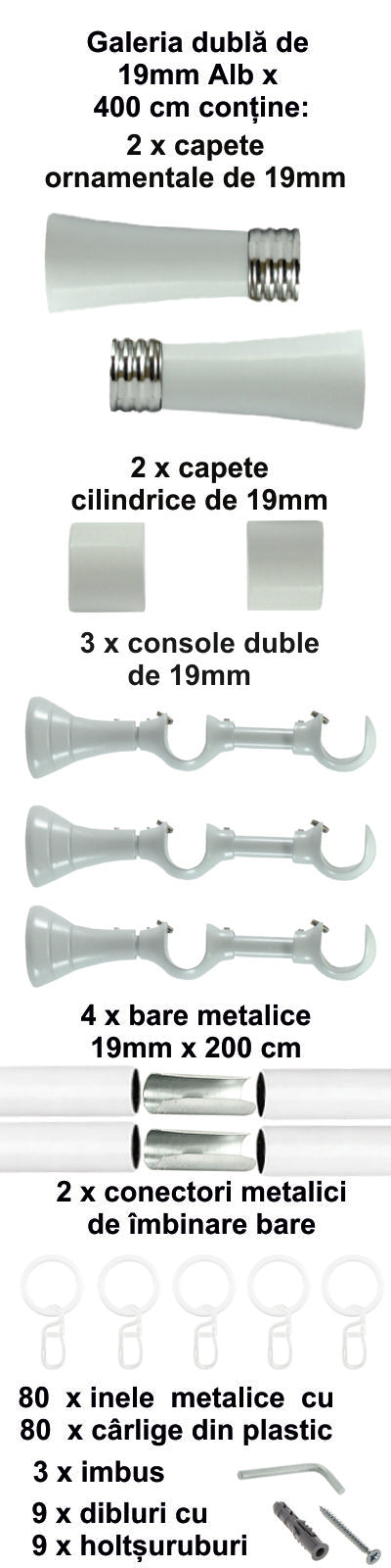 Galerie Metalică Ahile, dublă, clasică, cu inele, 19mm, Alb