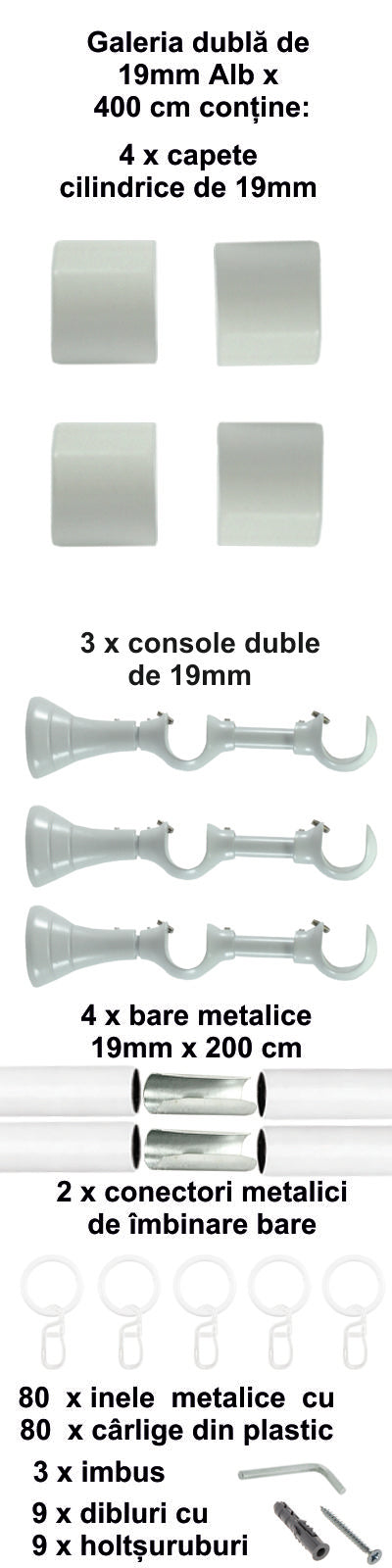 Galerie Metalică Luna, dublă, clasică, cu inele, 19mm, Alb