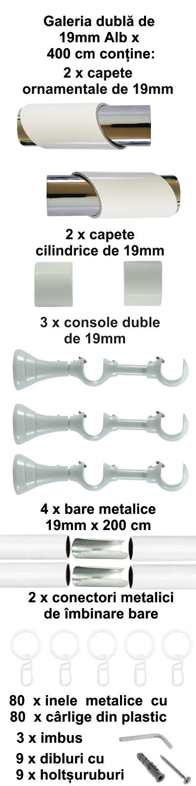 Galerie Metalică Paris, dublă, clasică, cu inele, 19mm, Alb