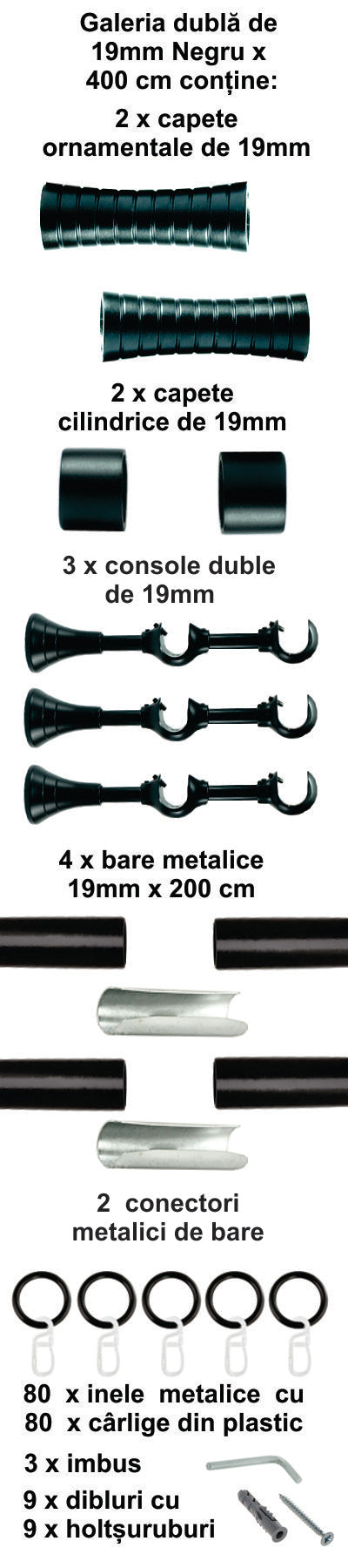 Galerie Metalică Febris, dublă, clasică, cu inele, 19mm, Negru