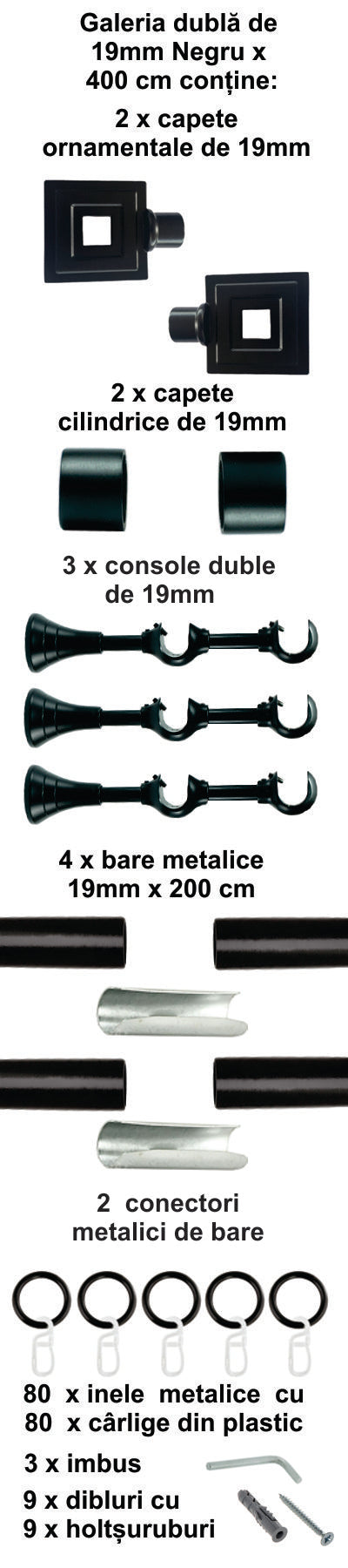 Galerie Metalică Square, dublă, clasică, cu inele, 19mm, Negru