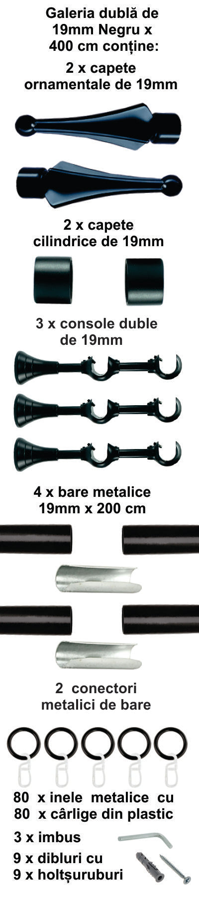 Galerie Metalică Robin, dublă, clasică, cu inele, 19mm, Negru