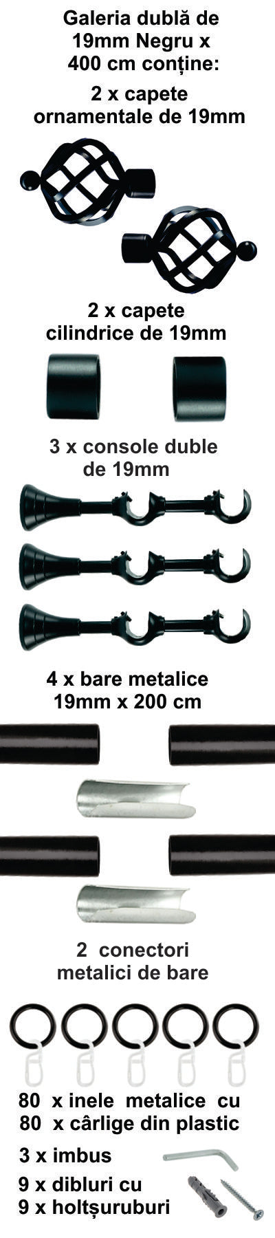 Galerie Metalică Torso, dublă, clasică, cu inele, 19mm, Negru