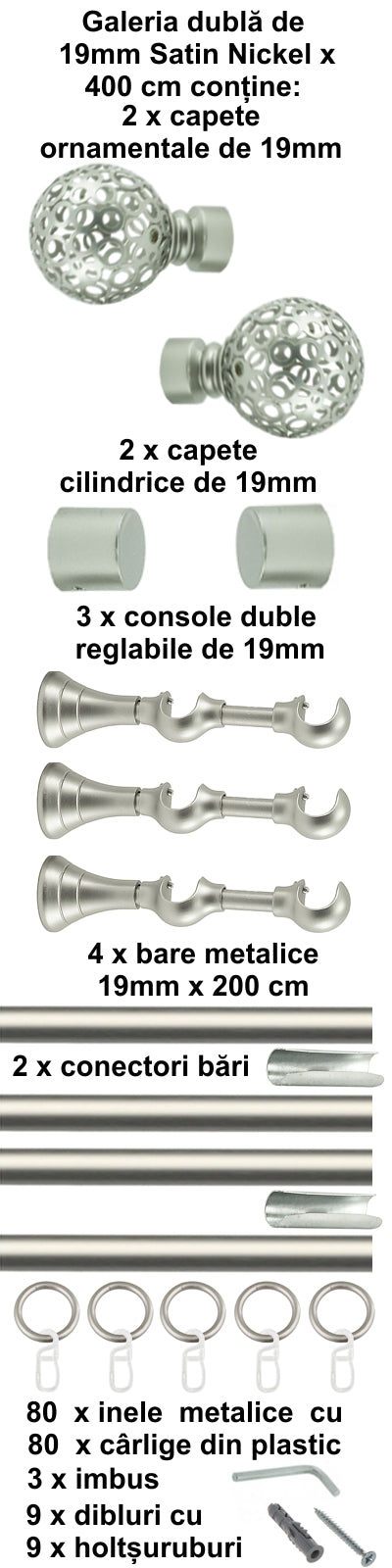 Galerie Metalică Sun, dublă, clasică, cu inele, 19mm, satin nichel (argintiu mat)