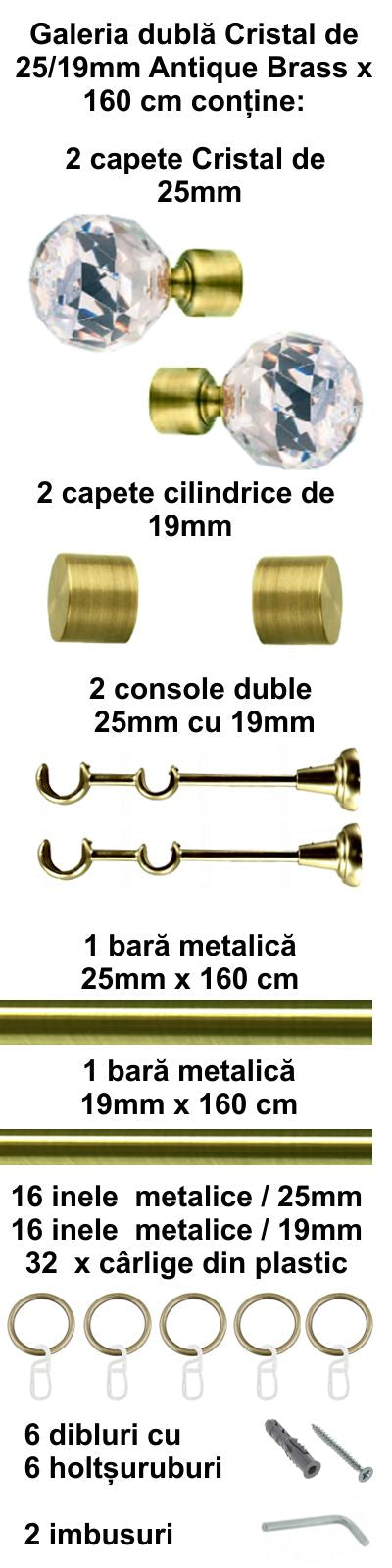 Galerie Metalică Cristal, dublă, clasică, cu inele, 25mm, antique brass (auriu antic)
