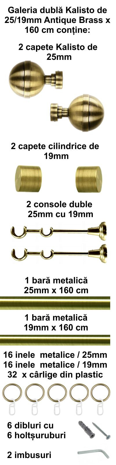 Galerie Metalică KALISTO, dublă, clasică, cu inele, 25mm, antique brass (auriu antic)