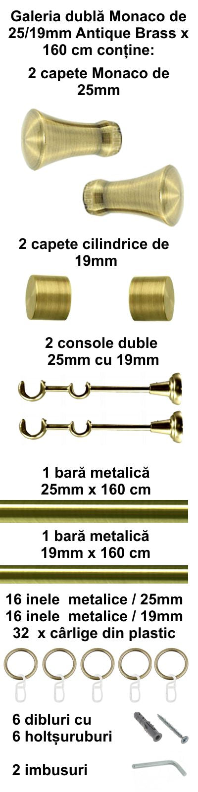 Galerie Metalică Monaco, dublă, clasică, cu inele, 25mm, antique brass (auriu antic)