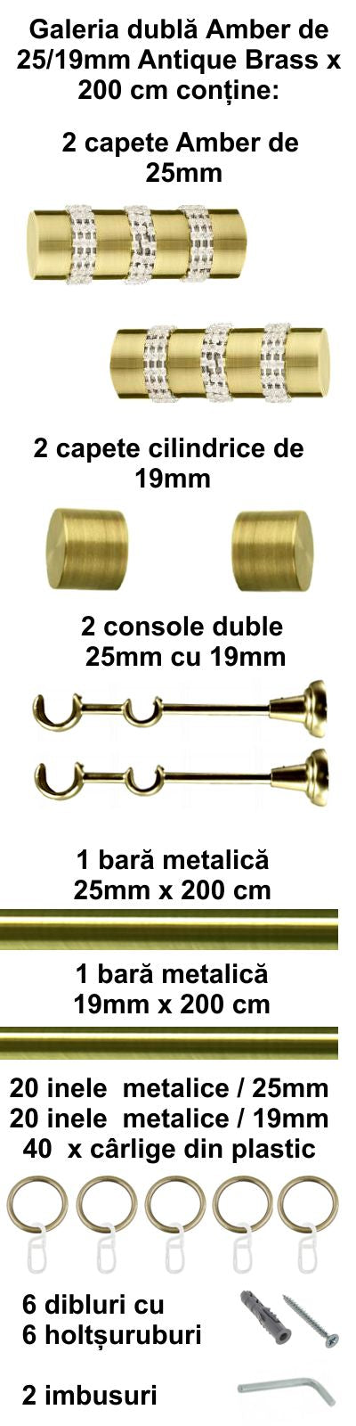 Galerie Metalică Amber, dublă, clasică, cu inele, 25mm, antique brass (auriu antic)