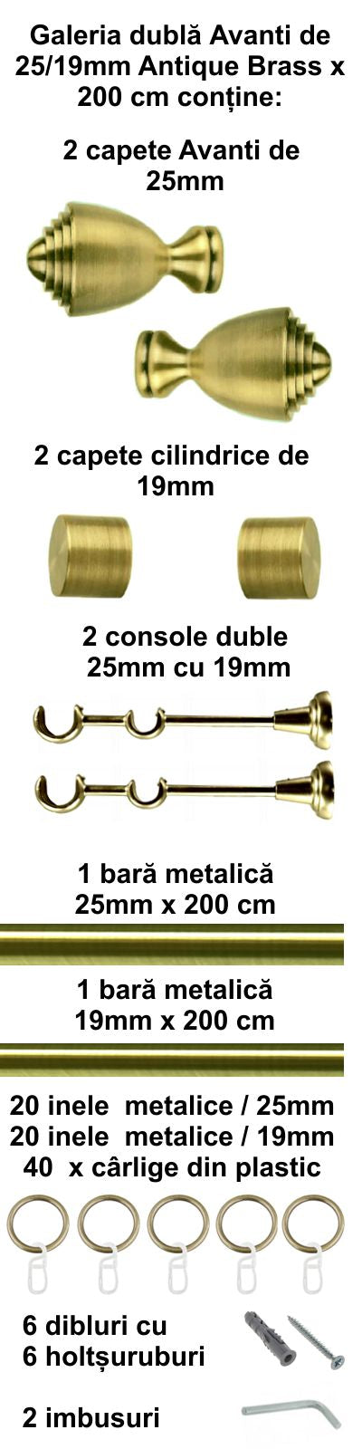 Galerie Metalică Avanti, dublă, clasică, cu inele, 25mm, antique brass (auriu antic)