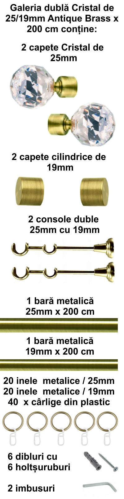 Galerie Metalică Cristal, dublă, clasică, cu inele, 25mm, antique brass (auriu antic)