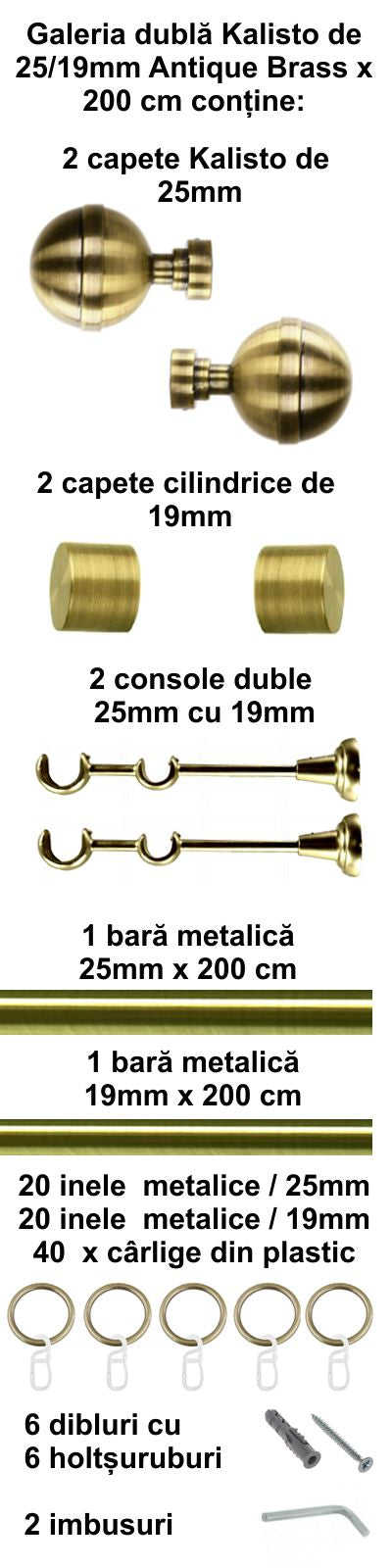 Galerie Metalică KALISTO, dublă, clasică, cu inele, 25mm, antique brass (auriu antic)