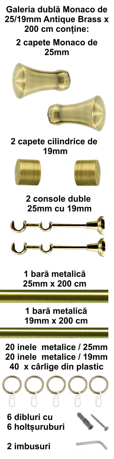 Galerie Metalică Monaco, dublă, clasică, cu inele, 25mm, antique brass (auriu antic)
