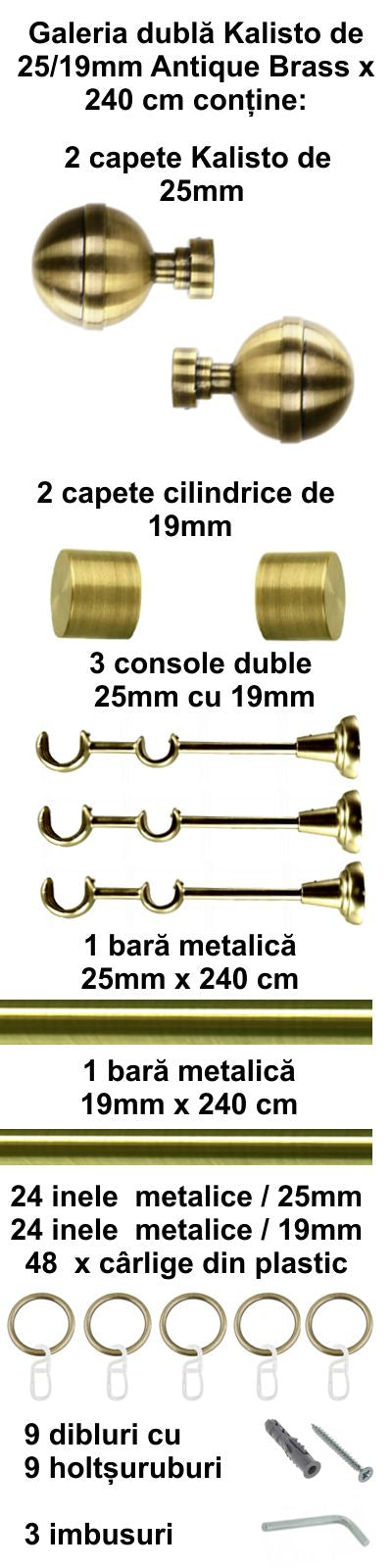 Galerie Metalică KALISTO, dublă, clasică, cu inele, 25mm, antique brass (auriu antic)