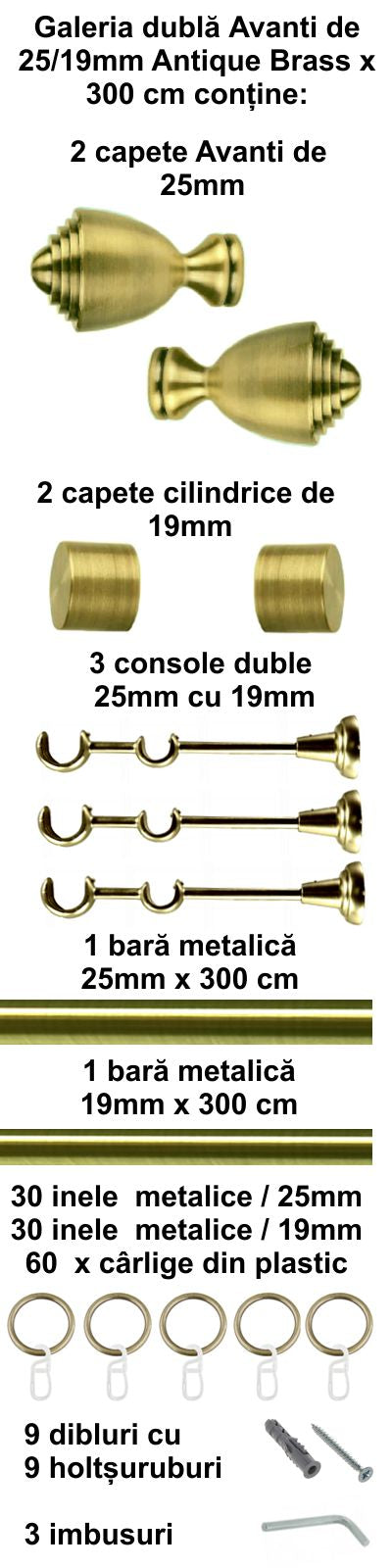 Galerie Metalică Avanti, dublă, clasică, cu inele, 25mm, antique brass (auriu antic)