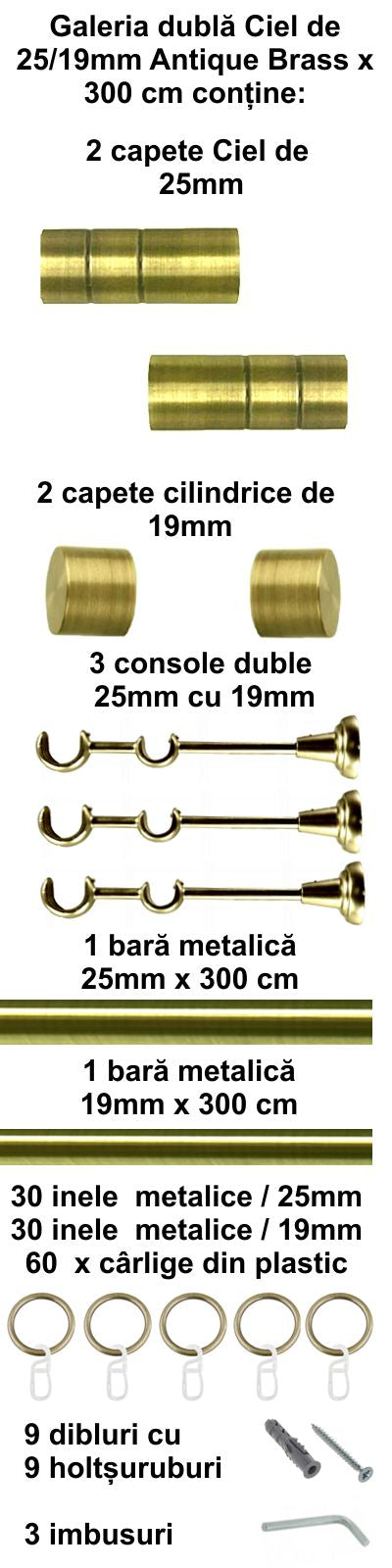 Galerie Metalică Ciel, dublă, clasică, cu inele, 25mm, antique brass (auriu antic)