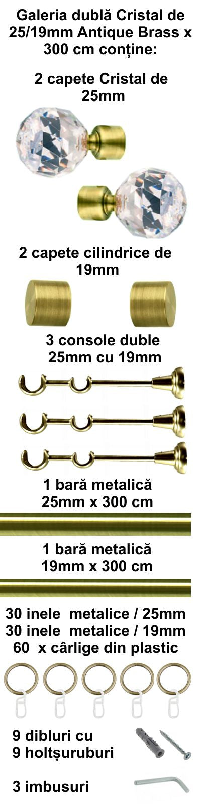 Galerie Metalică Cristal, dublă, clasică, cu inele, 25mm, antique brass (auriu antic)