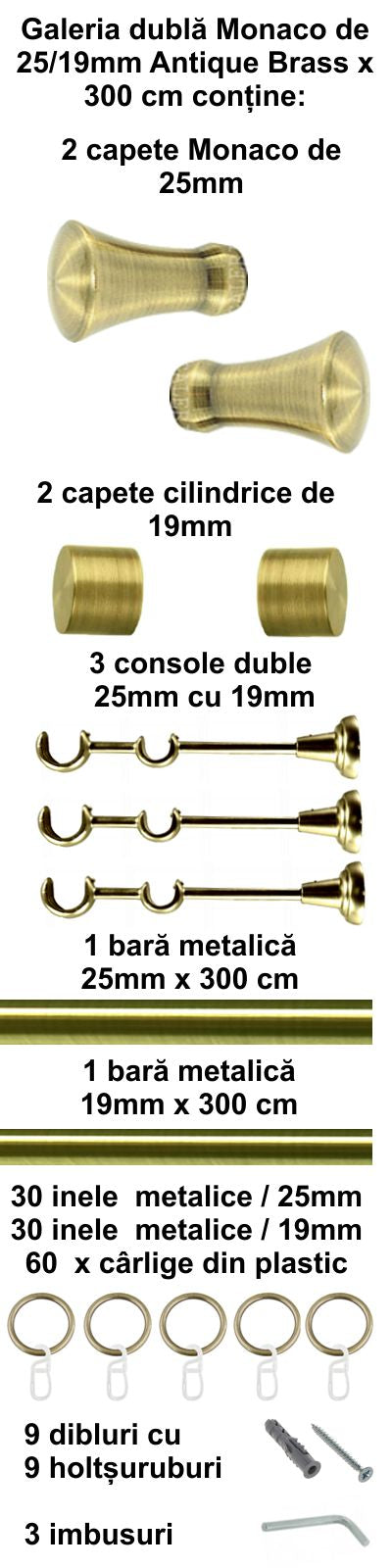 Galerie Metalică Monaco, dublă, clasică, cu inele, 25mm, antique brass (auriu antic)