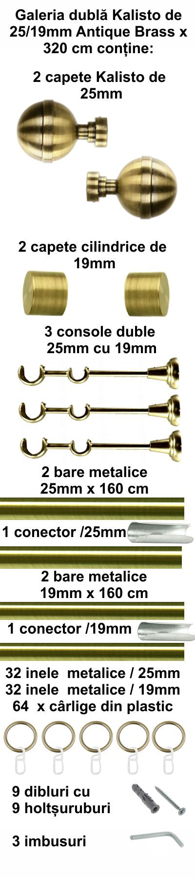 Galerie Metalică KALISTO, dublă, clasică, cu inele, 25mm, antique brass (auriu antic)