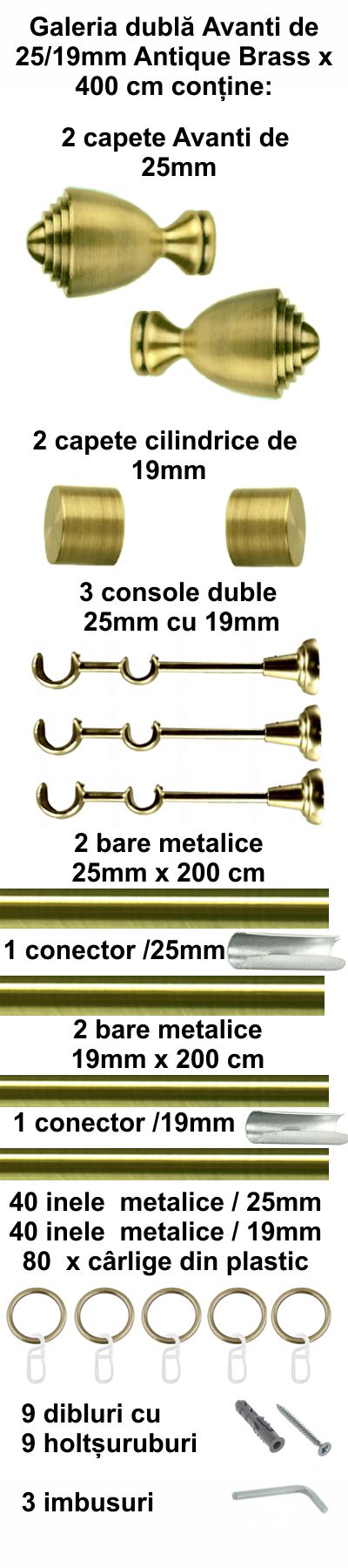 Galerie Metalică Avanti, dublă, clasică, cu inele, 25mm, antique brass (auriu antic)