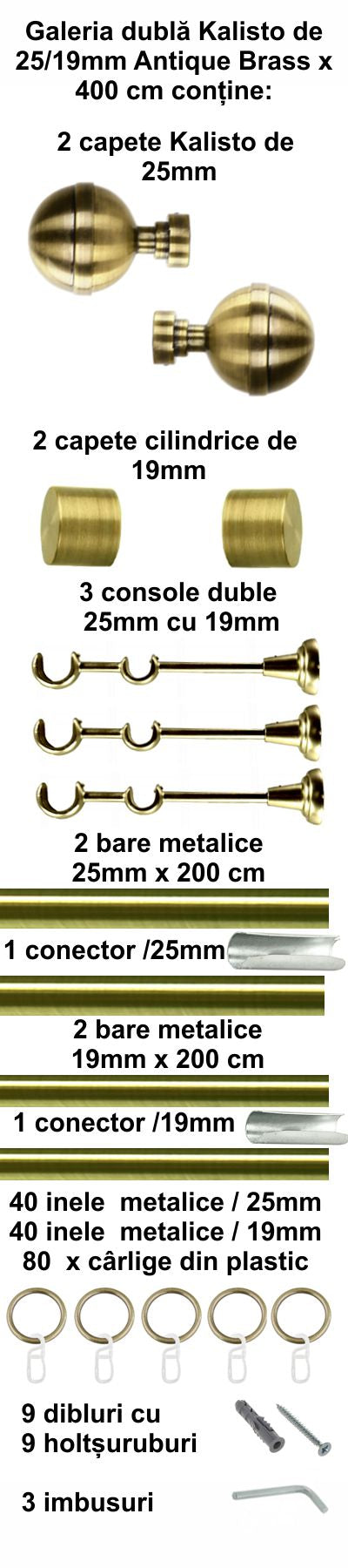 Galerie Metalică KALISTO, dublă, clasică, cu inele, 25mm, antique brass (auriu antic)