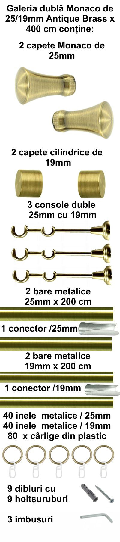 Galerie Metalică Monaco, dublă, clasică, cu inele, 25mm, antique brass (auriu antic)