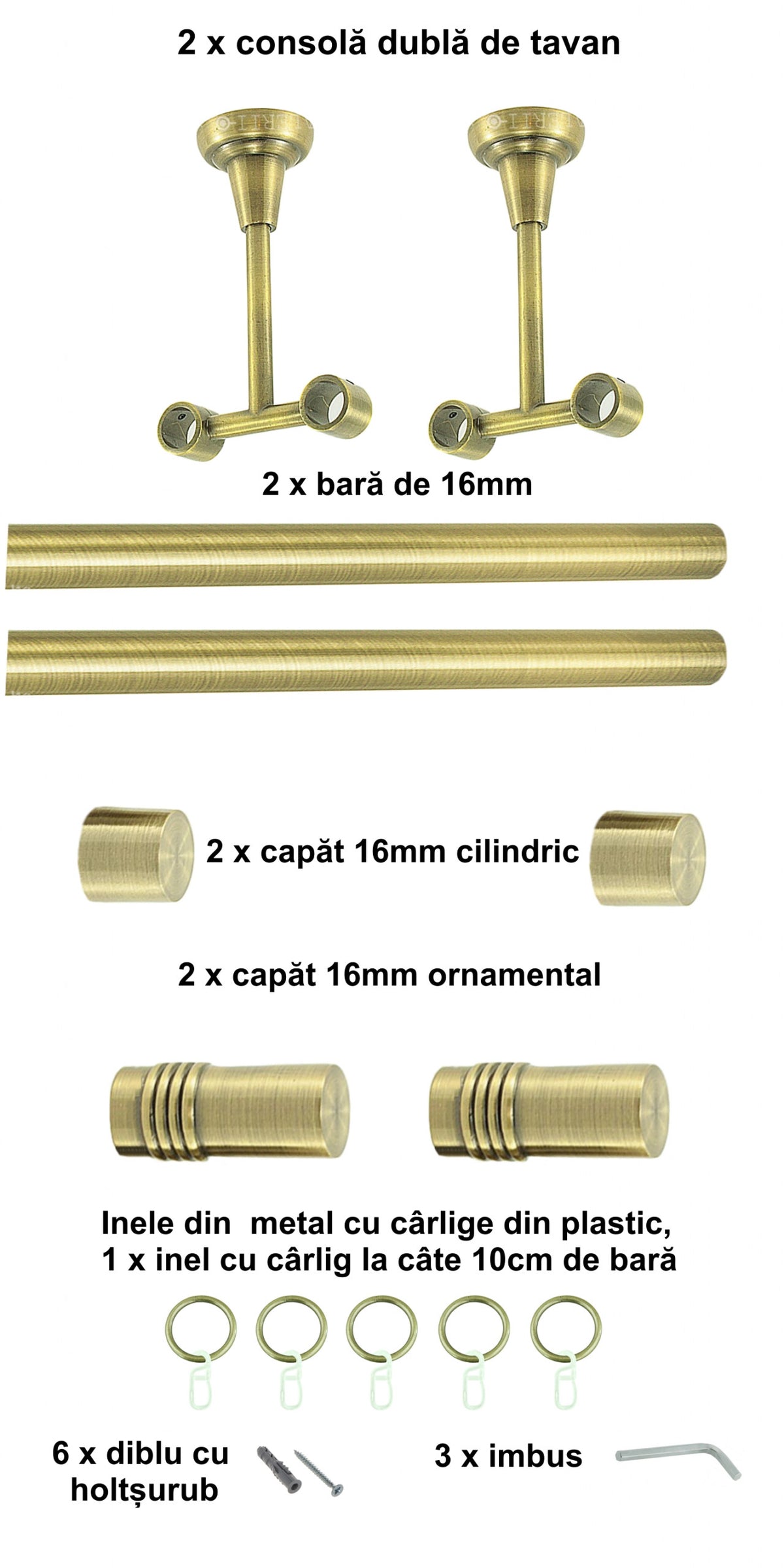 Galerie Metalică Celtex, dublă, de tavan, cu inele, 16mm, antique brass (auriu antic)
