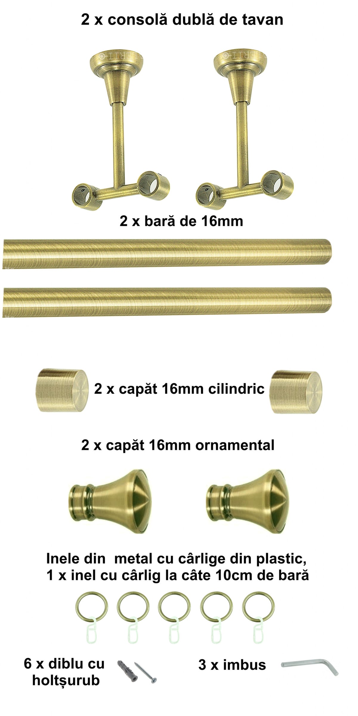 Galerie Metalică Conic, dublă, de tavan, cu inele, 16mm, antique brass (auriu antic)