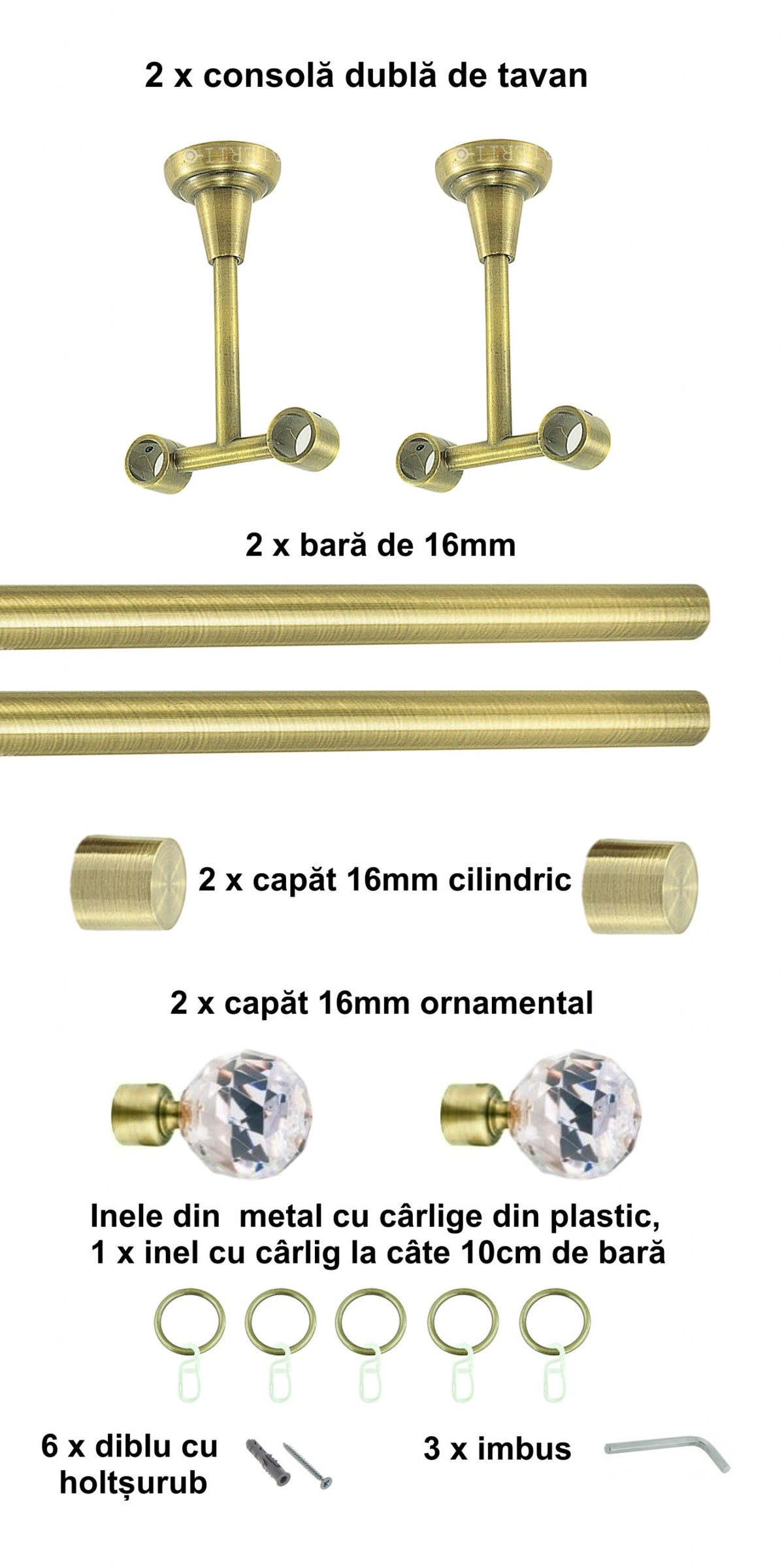 Galerie Metalică Cristal, dublă, de tavan, cu inele, 16mm, antique brass (auriu antic)