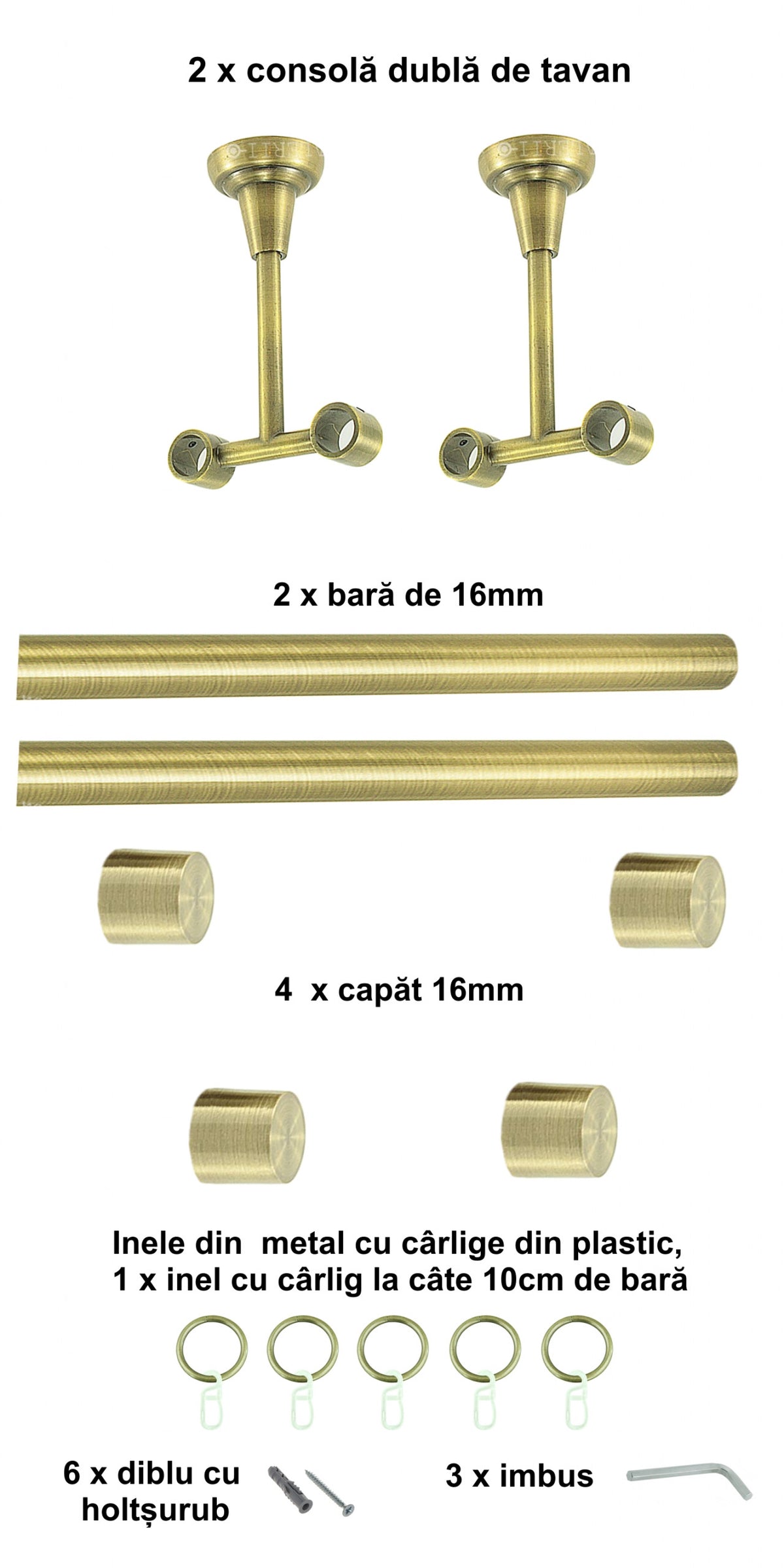Galerie Metalică Luna, dublă, de tavan, cu inele, 16mm, antique brass (auriu antic)