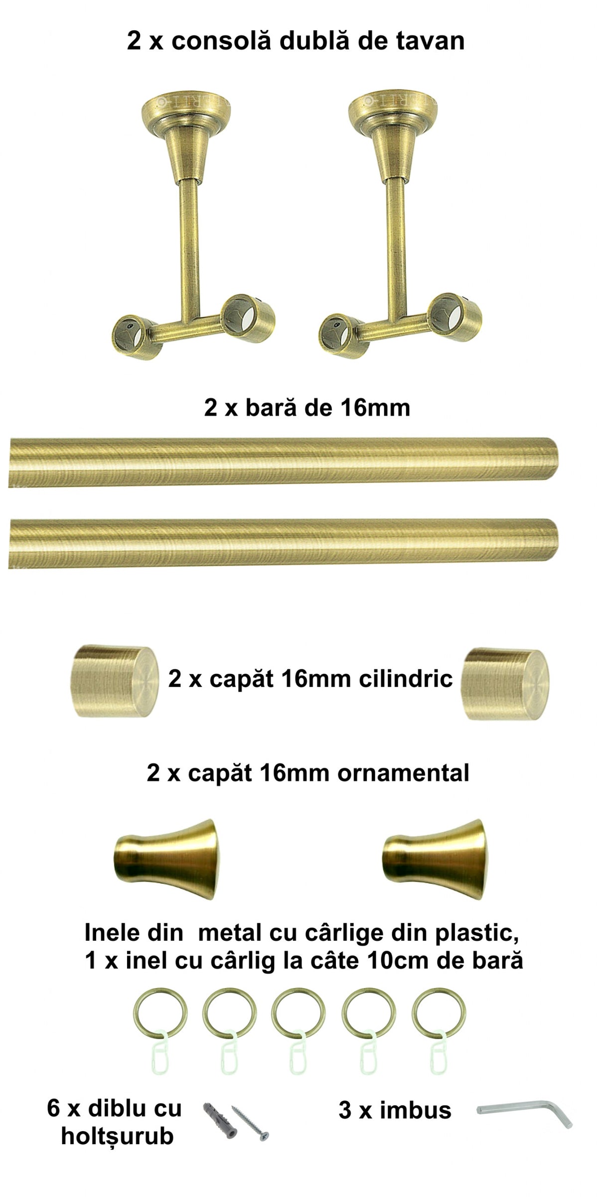 Galerie Metalică Monaco, dublă, de tavan, cu inele, 16mm, antique brass (auriu antic)