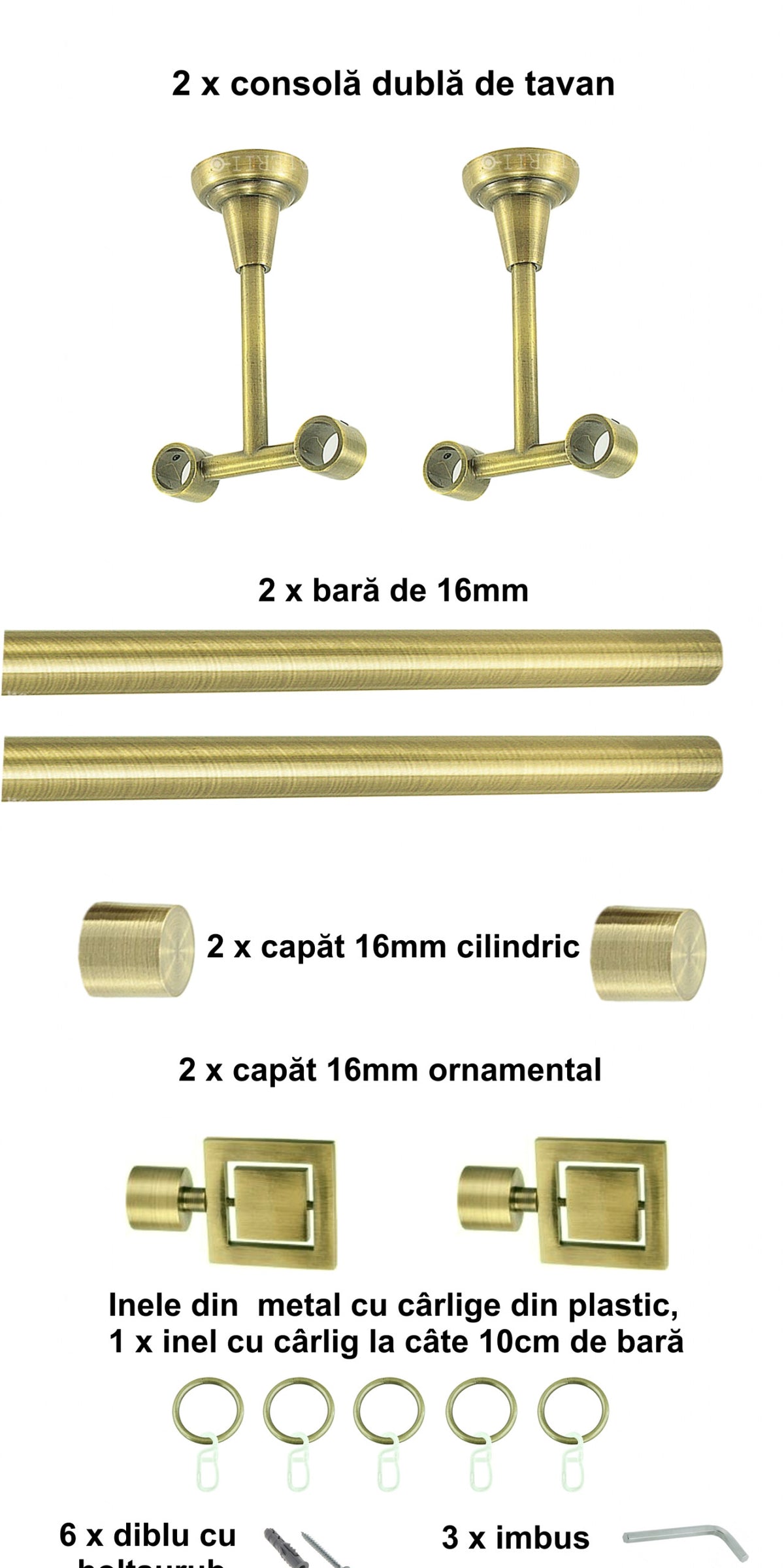 Galerie Metalică Saturn, dublă, de tavan, cu inele, 16mm, antique brass (auriu antic)